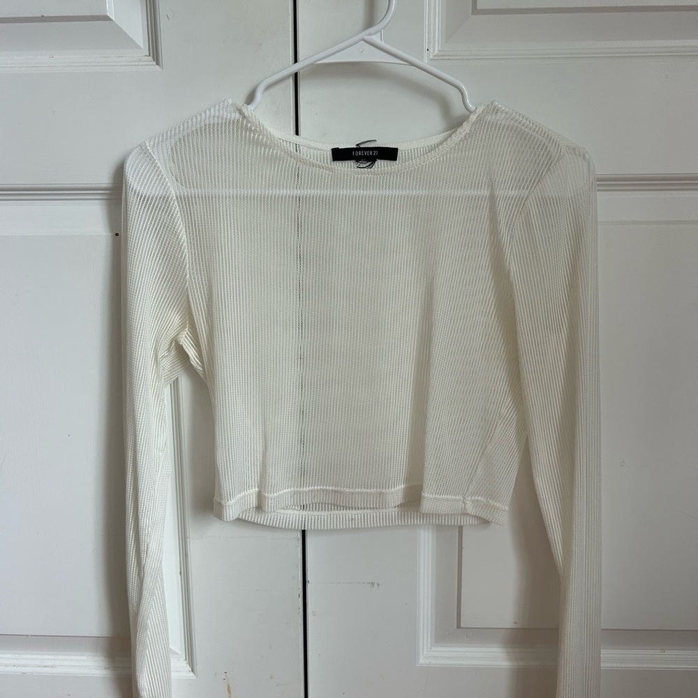 Forever 21 White Mesh Ribbed Long-Sleeve Crop Top